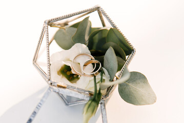Wedding rings in a glass box are prepared for the registration ceremony and decorated with flowers