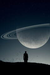 man watching planet in the sky in surreal landscape