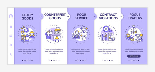 Naklejka premium Customer claims onboarding vector template. Responsive mobile website with icons. Web page walkthrough 5 step screens. Poor service, contract violations color concept with linear illustrations