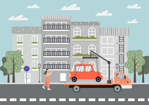 Tow truck take away a car. Woman running the car. Parking is prohibited.City background. Flat vector illustration.