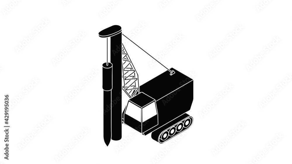 Poster drilling machine icon animation isometric black object on white background