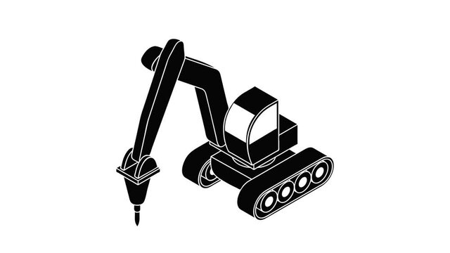 Drill tractor icon animation isometric black object on white background