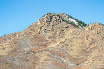 snow speckled rocky mountain landscape in fall colors