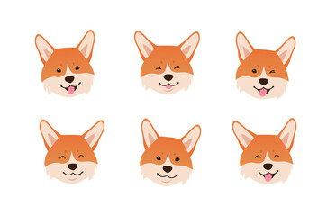 Obraz premium Welsh corgi face expressions. Set of cute cartoon smiling dog heads on white background. - Vector illustration