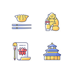 Chinese history RGB color icons set. Traditional calligraphy. Laughing Buddha. Jiaozi, gyoza. Temple of Heaven. Eastern culture. Lunar New Year symbols. Isolated vector illustrations