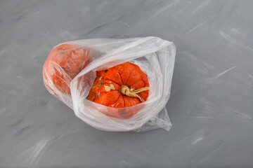 Rotten spoiled pumpkins in plastic bag. Ugly moldy vegetable. Improper food storage. Concept -...