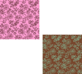 Set of flower seamless patterns with contour outline roses on a pink and chocolate background