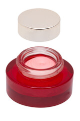 Closeup of an open cosmetic jar of rose concealer cream, makeup foundation, moisturising cream for the face or an other beauty or make-up product isolated on a white background. Space for label.
