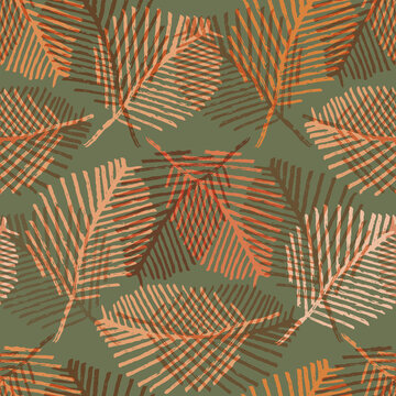Mono print style scattered leaves seamless vector pattern background. Ochre sage green layered lino cut effect skeleton leaf foliage backdrop. At home hand crafted design concept. Repeat for packaging