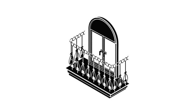 Metal balcony icon animation isometric black object on white background