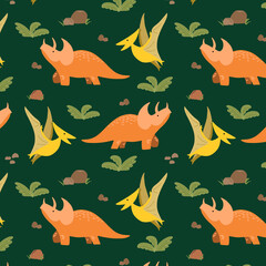 Hand drawn cute seamless pattern with different dinosaurs for kids © Daria