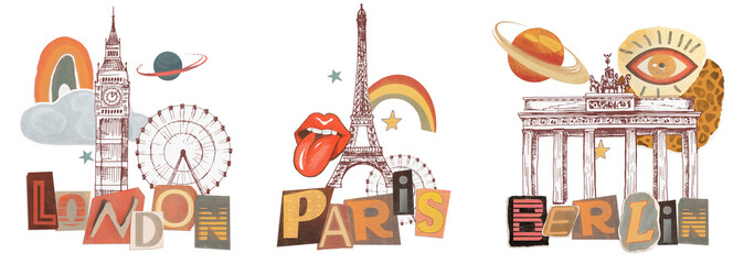 Lettering - London, Paris, Berlin. collage illustration with surrealism. Retro vintage style - universe, planets, stars, eyes, letter © lisima