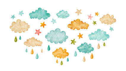 Collection de nuages abstraits à l& 39 aquarelle, d& 39 étoiles et de gouttes. Ensemble de nuages pastel mignon isolé sur fond blanc dans un style scandinave enfantin. Affiche imprimable pour enfants imprimés, cartes, tissu