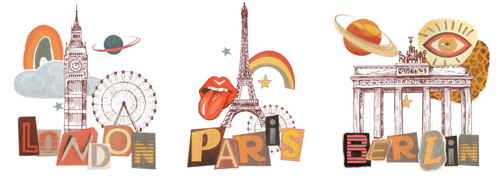 Lettering - London, Paris, Berlin. collage illustration with surrealism. Retro vintage style - universe, planets, stars, eyes, letter