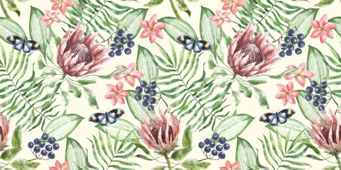 Seamless watercolor pattern with protea, plumeria flowers, butterflies, dark berries in tropical leaves. Hand-drawn illustration. Tropical exotic background. For design wallpapers, fabric, paper,