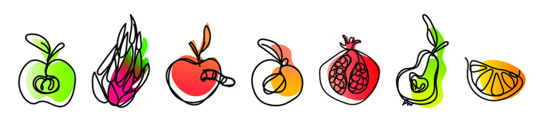 Vector set of fruits apple, dragon fruit, peach, garnet, pear, orange slice in one line endless style. Collection with color abstract  spot background. Can be applied as a sticker, icon, logo.