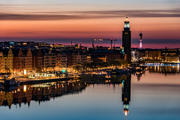 Fototapeta na wymiar Stockholm, Sweden The Stockholm skyline at dawn with the City Hall.