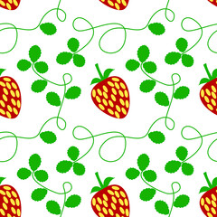 seamless sweet strawberry and green leaves pattern on white background