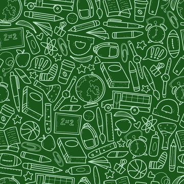 school seamless pattern on green background decorated with hand drawn doodles supplies for wrspping paper, packaging, textile prints, stationary decor, etc. EPS 10