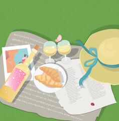 romantic picnic with croissants and wine