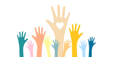 multicolored raised hands, palms up, many hands and a symbol of community, society, union, group, team, we are together