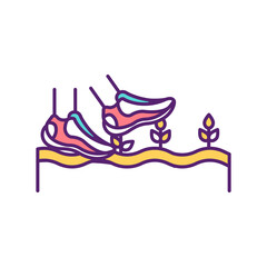 Field walking RGB color icon. Exploring new places during vacation. Discovering natural environment around. Tourism around whole world. Isolated vector illustration