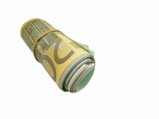 Billetes de euros enrollados y sujetados con una goma elástica