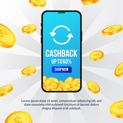 cashback promotion for e commerce site with 3d phone and dollar golden coin illustration concept for banner flyer poster