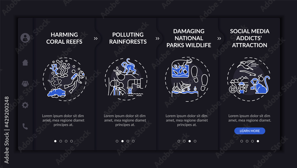 Poster green tourism challenges onboarding vector template. responsive mobile website with icons. web page 