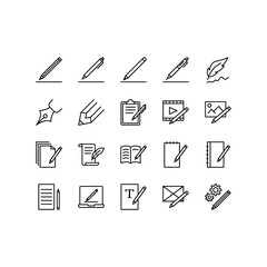 Copywriting related flat line icons set. Pen, Pencil, edit, Notes, simple vector illustration. Outline sign for mobile concept and web design, store, logo, documentation, journalism. Editable stroke