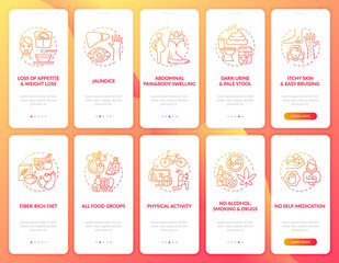 Naklejka premium Liver disease treatment onboarding mobile app page screen with concepts set. Health benefits walkthrough 5 steps graphic instructions. UI, UX, GUI vector template with linear color illustrations