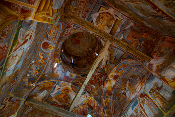 MATKA CANYON, SKOPJE REGION, NORTH MACEDONIA: Interior with old frescoes in the monastery of St. Nicholas - obrazy, fototapety, plakaty