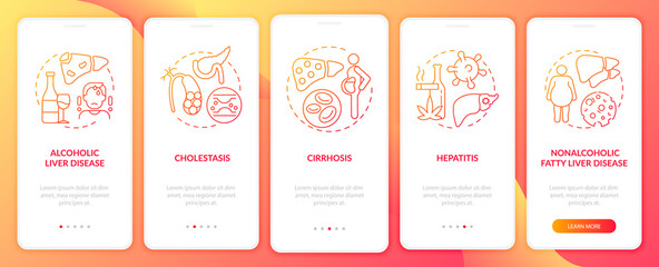 Liver dysfunction onboarding mobile app page screen with concepts. Cholestasis, alcoholic disease walkthrough 5 steps graphic instructions. UI, UX, GUI vector template with linear color illustrations