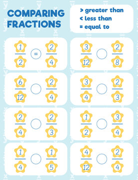 Comparing fractions worksheet, math practice print page. Count and write.