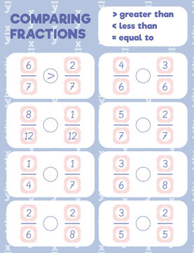 Comparing fractions worksheet, math practice print page. Count and write.