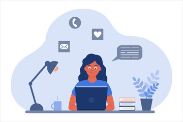 The girl at the desk looks at the laptop screen. The concept of online learning, communication by video, in chats and by mail. Vector image in a flat cartoon style