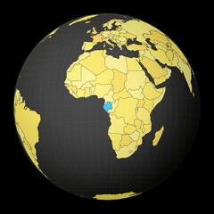 Gabon on dark globe with yellow world map. Country highlighted with blue color. Satellite world projection centered to Gabon. Cool vector illustration.