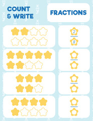 Fractions worksheet, math practice print page. Count and write.