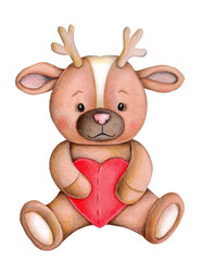 Cute cartoon little baby deer, fawn. Watercolor hand drawn art sketch illustration for children. Suitable for print, card, invitation, wall art, nursery decor.