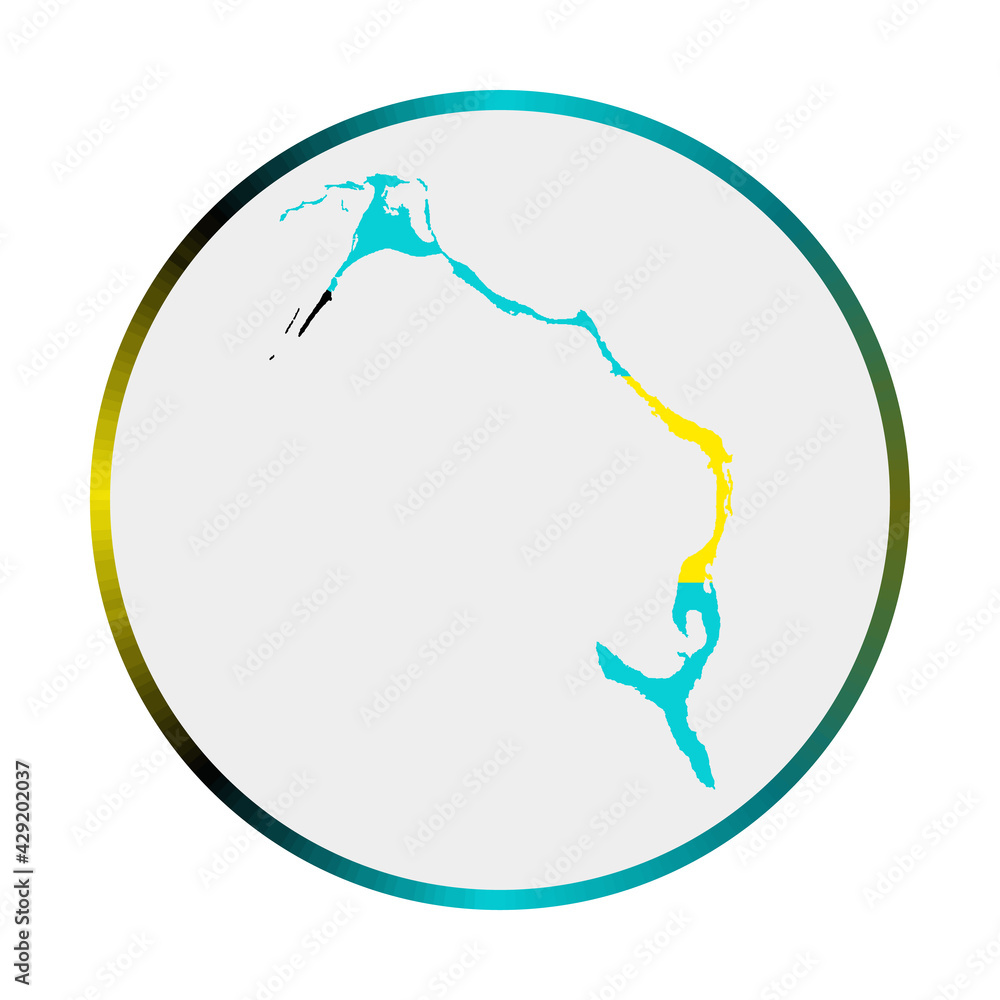 Poster eleuthera icon. shape of the island with eleuthera flag. round sign with flag colors gradient ring. 
