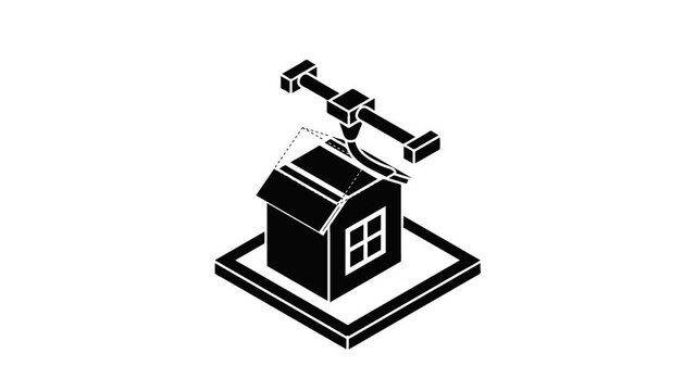 House d printing icon animation isometric black object on white background
