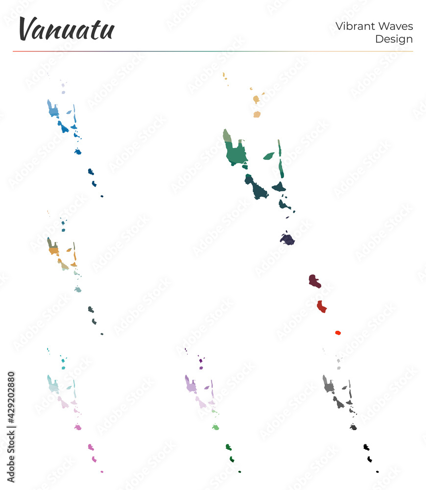 Poster set of vector maps of vanuatu. vibrant waves design. bright map of country in geometric smooth curve