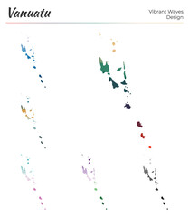 Set of vector maps of Vanuatu. Vibrant waves design. Bright map of country in geometric smooth curves style. Multicolored Vanuatu map for your design. Amazing vector illustration.