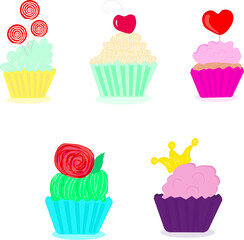 Set of hand-drawn sweet cupcakes decorated with candies, cherries, hearts, crowns and flowers.