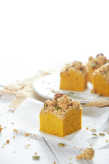 Pumpkin Cube pound cake set on cafe table.