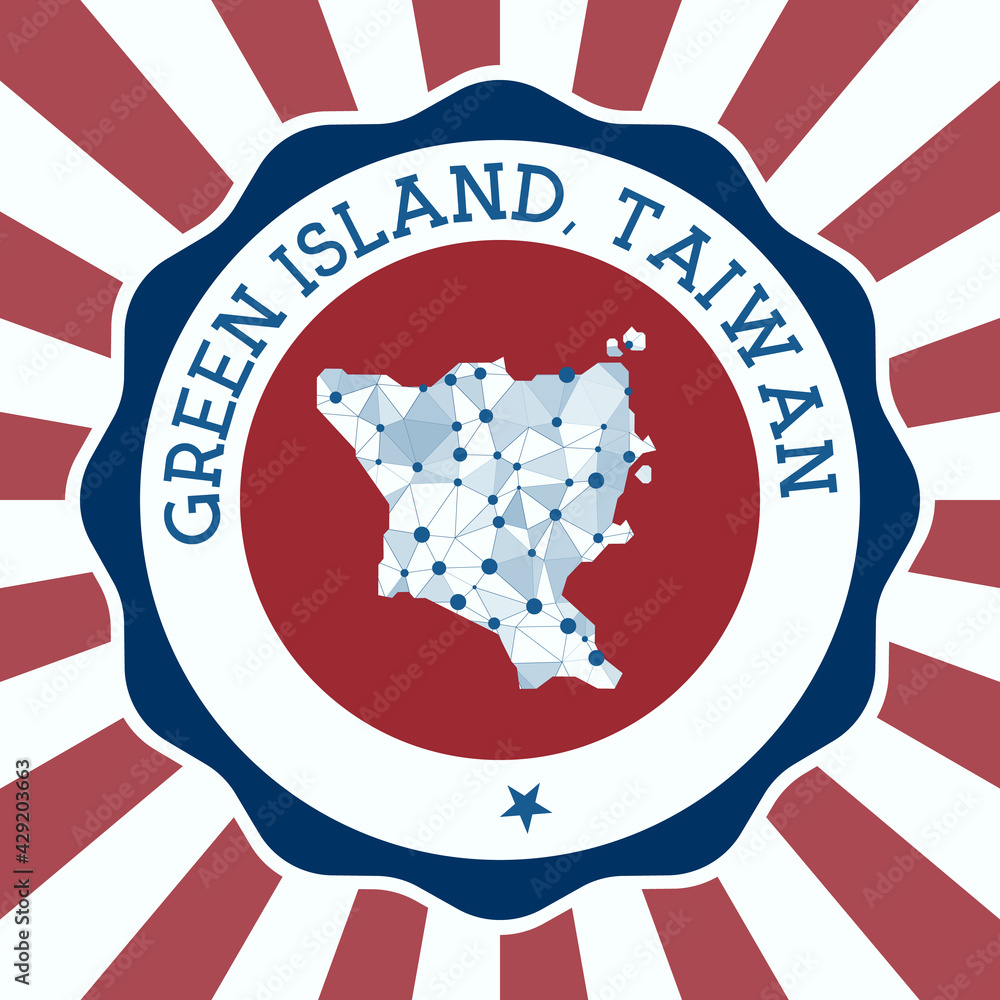 Poster green island, taiwan badge. round logo of island with triangular mesh map and radial rays. eps10 vec