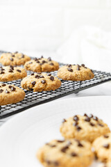Delicious Whole Wheat Chocolate Chip Cookies set on white cafe table.
