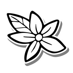 Black line a flower and leaf on white silhouette and gray shadow. Hand drawn cartoon style. Doodle for decoration or any design. Vector illustration of kid art.