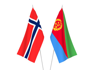 National fabric flags of Norway and Eritrea isolated on white background. 3d rendering illustration.