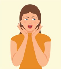 Surprised Excited Woman holds cheeks by hand isolated. Surprised girl looks left side and opens mouth hands under her cheeks, Vector illustration. Cartoon character smiling girl's hands on cheek